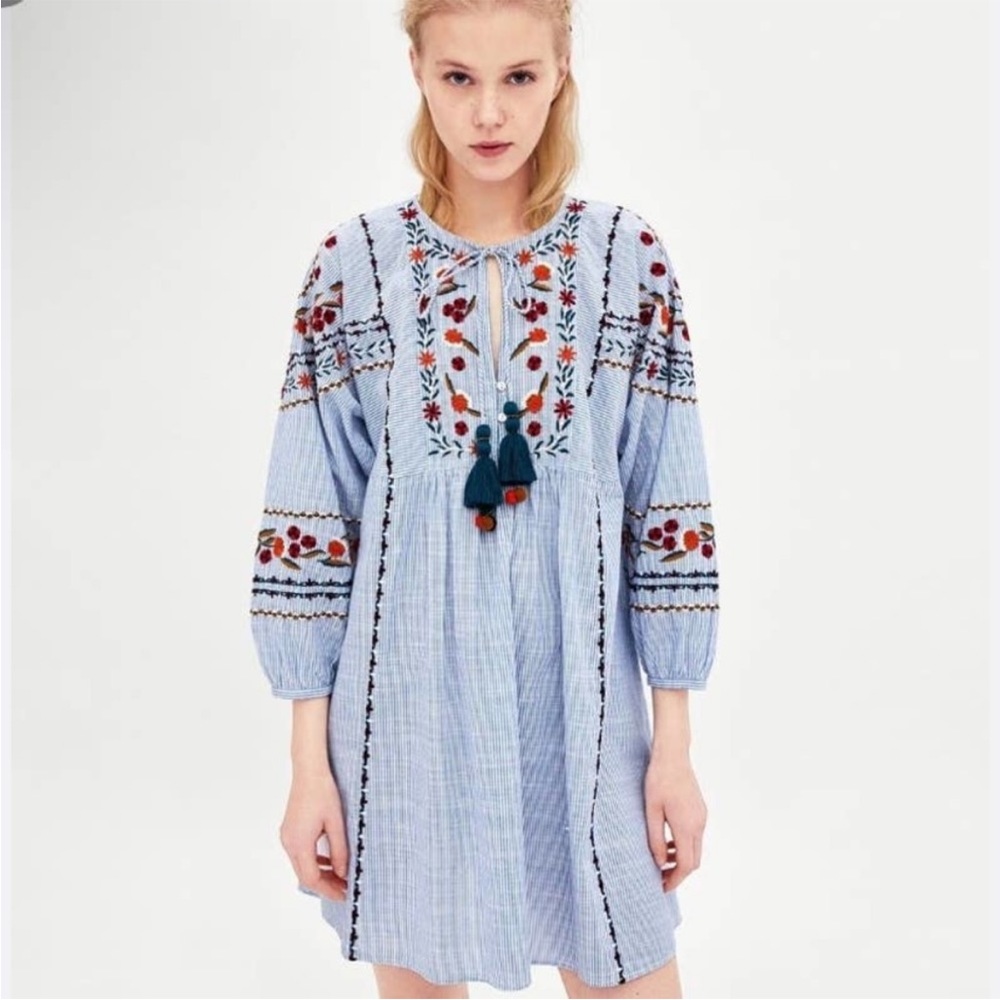 Zara blue and white stripped embroidered dress